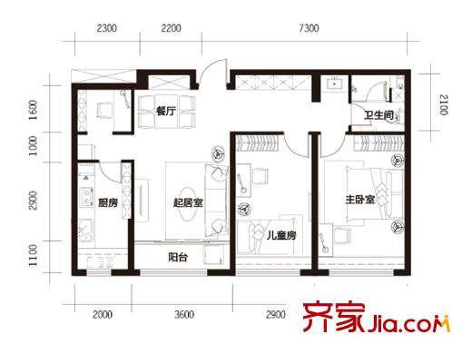 華創(chuàng)觀禮中心1號(hào)樓標(biāo)準(zhǔn)層J戶型 2室2廳1衛(wèi)1廚