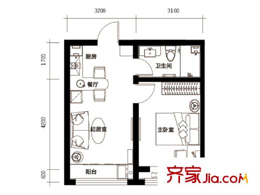 華創(chuàng)觀禮中心3號(hào)樓標(biāo)準(zhǔn)層D戶型 1室1廳