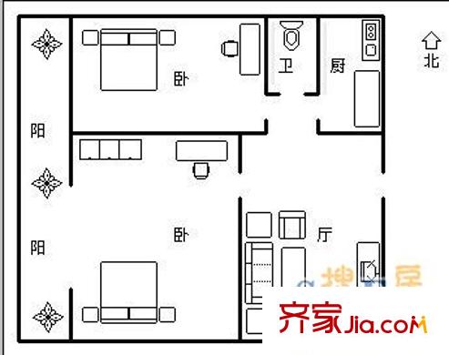 經(jīng)一緯八單位宿舍 2室 戶型圖
