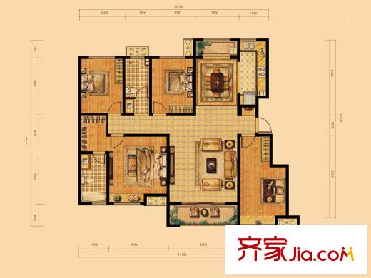 中海天悅府二期B12#樓洋房標準層H戶型 4室2廳2衛(wèi)1廚