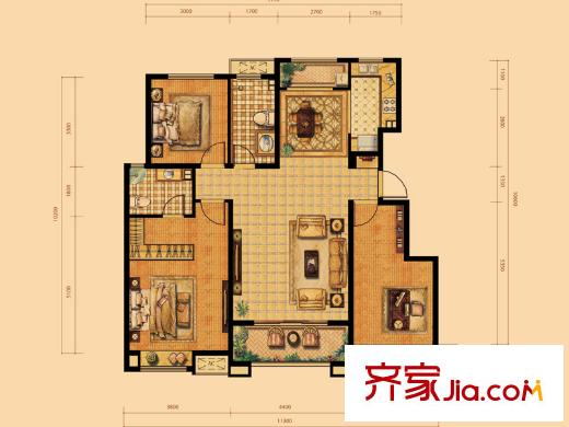 中海天悅府一期8#9#12#15#二期2#3#5-7#樓標準層F戶型 3室2廳2衛(wèi)1廚