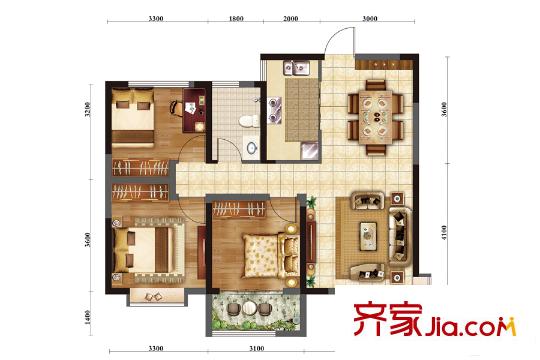 夢世界潤園二期華園1、2#樓B戶型 3室2廳1衛(wèi)1廚