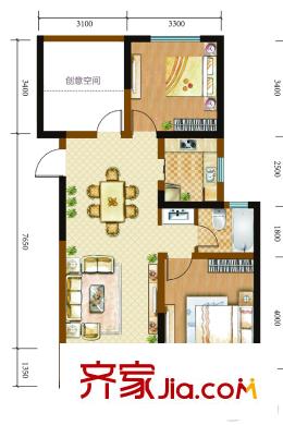 夢世界潤園2#、5#、8#樓B戶型 2室2廳1衛(wèi)1廚