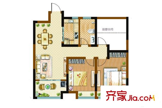 夢世界潤園1-10#樓A戶型 2室1廳1衛(wèi)1廚
