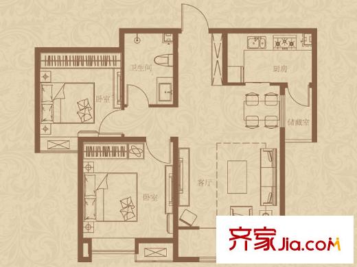 世茂?原山首府4#樓標準層D1戶型 2室2廳1衛(wèi)1廚
