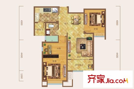 世茂?原山首府15#樓D2'戶型 2室2廳1衛(wèi)1廚