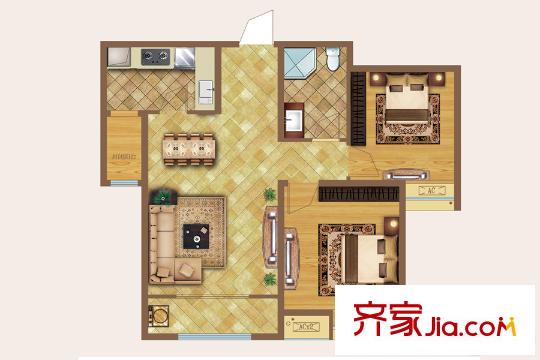 世茂?原山首府1、2#樓D1戶型 2室2廳1衛(wèi)1廚