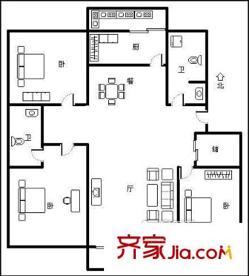 金田苑小區(qū) 3室 戶型圖
