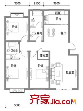 凱旋新城戶型圖8#12#三居B戶型 3室2廳2衛(wèi)