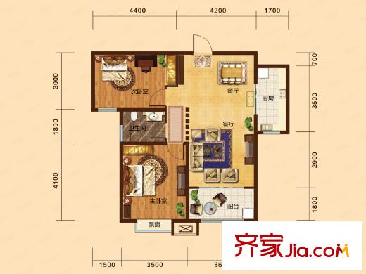 銀豐唐郡?荷花園8#9#12-15#樓E1戶型 2室2廳1衛(wèi)1廚