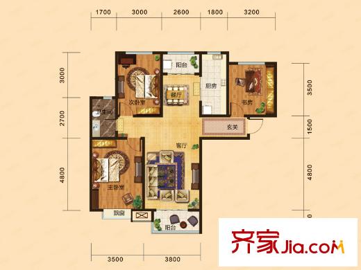 銀豐唐郡?荷花園8-9#12#樓D1戶型 3室2廳1衛(wèi)1廚