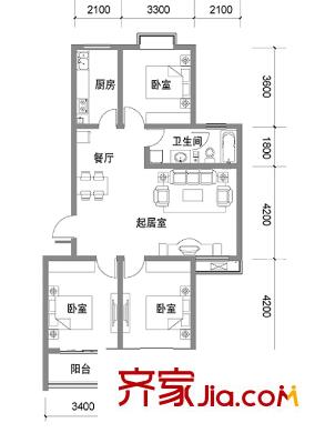 凱旋新城戶型圖7#10#三居B戶型 3室2廳1衛(wèi)