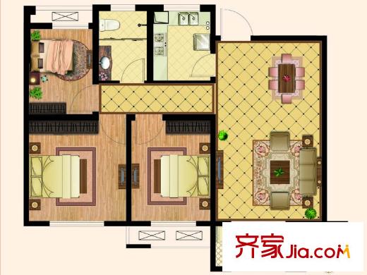 天齊?奧東花園1#2#4#5#9#樓標準層B戶型 3室2廳1衛(wèi)1廚