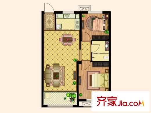天齊?奧東花園1#2#4#5#樓標準層A戶型 2室2廳1衛(wèi)1廚