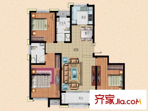 魯邦?奧林逸城6#樓標(biāo)準層B戶型 3室2廳2衛(wèi)1廚