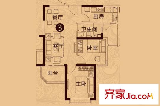 恒大翡翠華庭7#樓1單元戶型3 2室2廳1衛(wèi)1廚