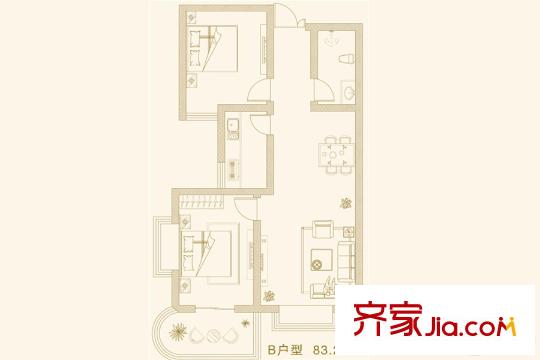 君悅峰景項(xiàng)目獨(dú)棟B戶型 2室2廳1衛(wèi)1廚