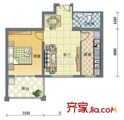 泉城花園戶型圖37#D戶型 1室2廳1衛(wèi)