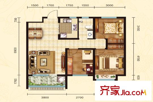 榮盛?花語馨苑2、4、5號樓B戶型 3室2廳1衛(wèi)1廚