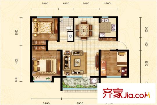 榮盛?花語馨苑4號樓D戶型 3室2廳1衛(wèi)1廚
