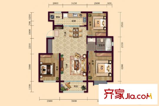 銀豐唐郡?牡丹園23#25#27#樓E戶型圖 3室2廳1衛(wèi)1廚
