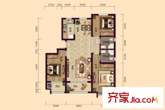 銀豐唐郡?牡丹園24#26#樓B1戶型 3室2廳2衛(wèi)1廚