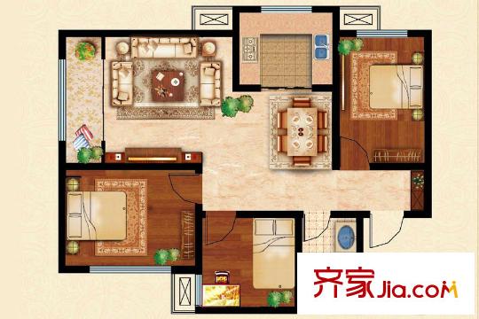 映月紫云城2號樓戶型1 3室2廳1衛(wèi)1廚