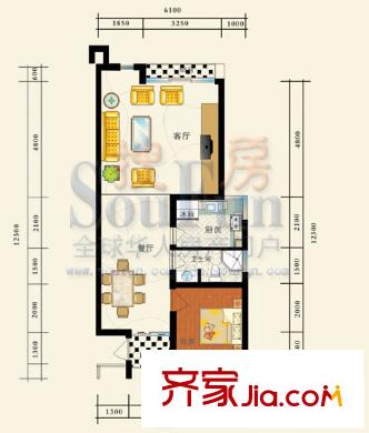 琵琶島山水豪庭戶型圖C戶型 1室2廳1衛(wèi)