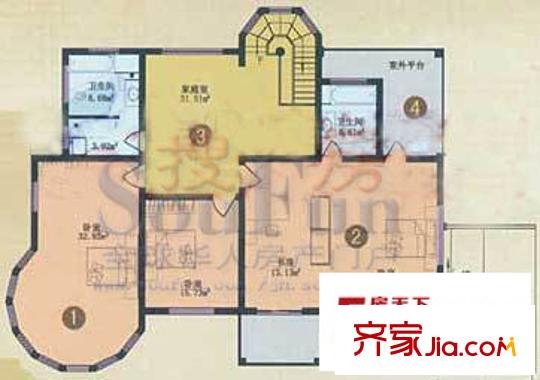 南山逸墅戶型圖F戶二層 3室1廳2衛(wèi)