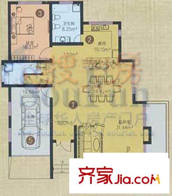 南山逸墅戶型圖E戶一層 1室2廳1衛(wèi)1廚