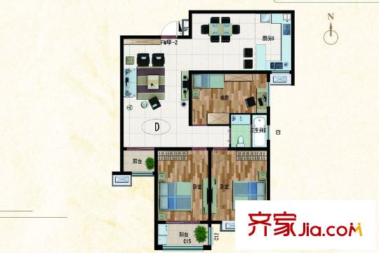 和平大院3#樓D戶型 3室2廳1衛(wèi)1廚