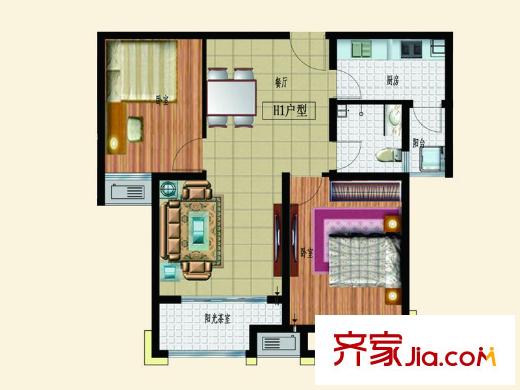 魯邦?奧林逸城11#12#樓標(biāo)準(zhǔn)層H1戶型 2室2廳1衛(wèi)1廚