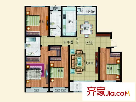 魯邦?奧林逸城7#8#樓D1戶型 4室2廳2衛(wèi)1廚