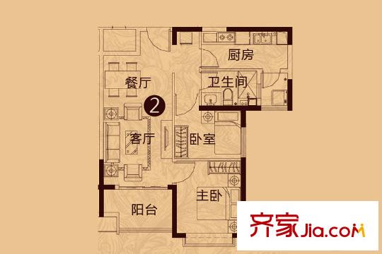 恒大翡翠華庭7#樓2單元戶型2 2室2廳1衛(wèi)1廚
