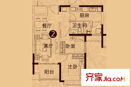 恒大翡翠華庭7#樓2單元2戶型 2室2廳1衛(wèi)1廚