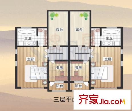 臥虎山原生態(tài)別墅區(qū)戶型圖B型別墅三層平面圖 5室3廳2衛(wèi)1廚