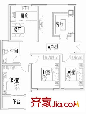 富華莊園二期洋房A戶型 3室2廳1衛(wèi)1廚