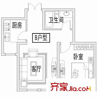 富華莊園二期洋房B戶型 1室1廳1衛(wèi)1廚