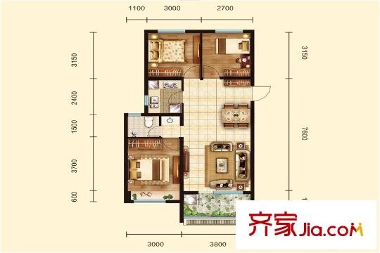 榮盛?花語馨苑1、3號樓E戶型 3室2廳1衛(wèi)1廚