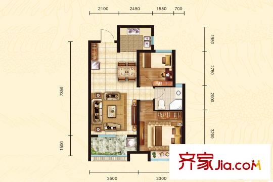 榮盛?花語馨苑1、3、4號樓C戶型 2室2廳1衛(wèi)1廚