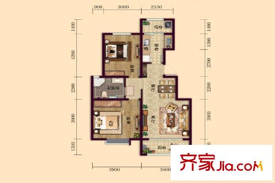 銀豐唐郡?牡丹園25#樓D戶型圖 2室2廳1衛(wèi)1廚