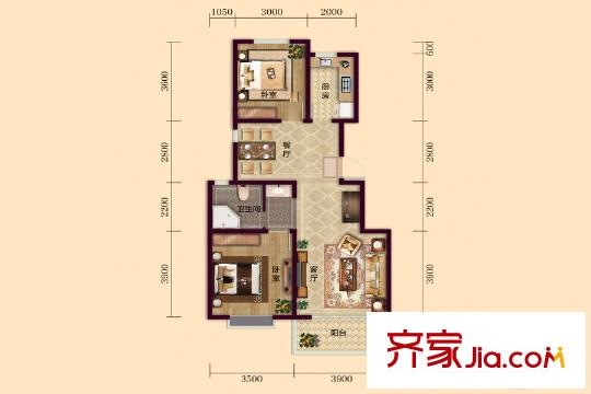 銀豐唐郡?牡丹園21#樓A戶型 2室2廳1衛(wèi)1廚