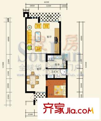 琵琶島山水豪庭戶型圖D戶型 1室2廳1衛(wèi)