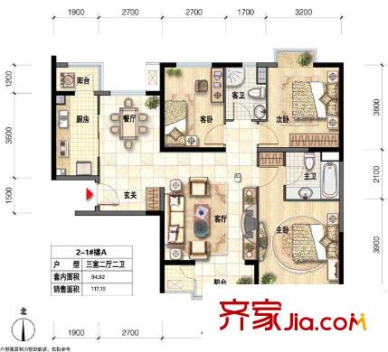 金宮山莊戶型圖2-1號樓A戶型 3室2廳2衛(wèi)1廚