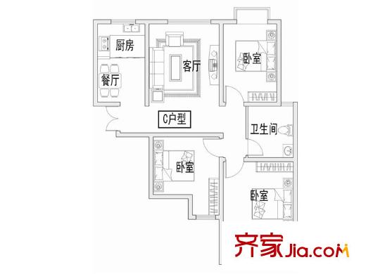 富華莊園二期洋房C戶型 3室2廳1衛(wèi)1廚