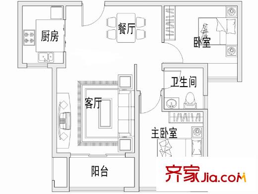 富華莊園二期洋房E戶型 2室2廳1衛(wèi)1廚