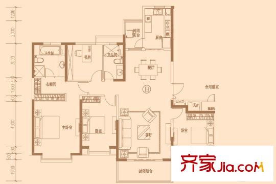 恒大天璽二期11#樓1、2單元標準層?xùn)|戶戶型 4室2廳2衛(wèi)1廚