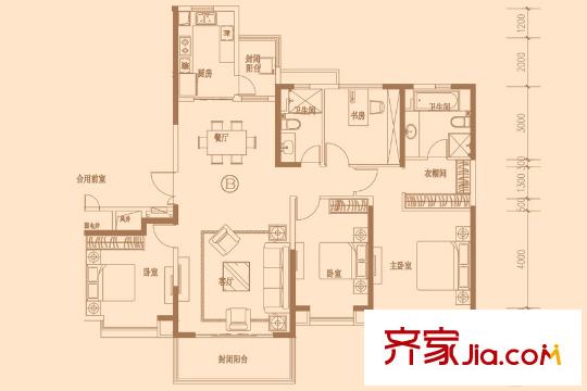 恒大天璽二期11#樓1、2單元標準層西戶戶型 4室2廳2衛(wèi)1廚