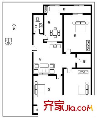 天橋區(qū)房管局宿舍 3居室 戶型圖