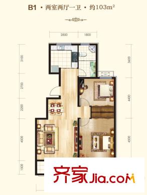三名嘉禾園戶(hù)型圖B1戶(hù)型 2室2廳1衛(wèi)1廚